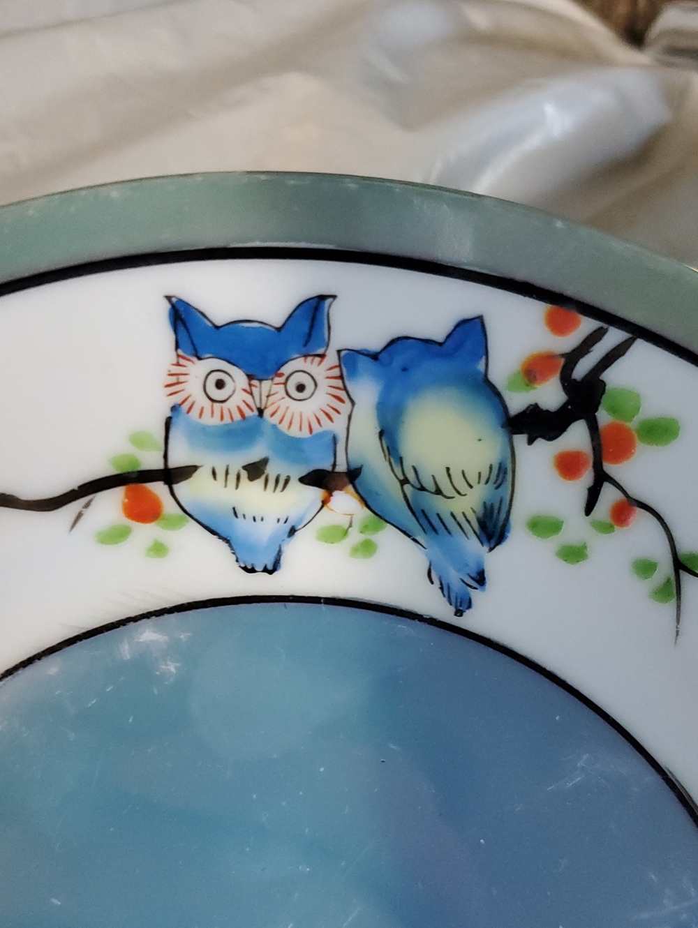 Takito T&T Handpainted Lusterware Blue Owl Branch Flower Lunch Plate 7.5" Set 2